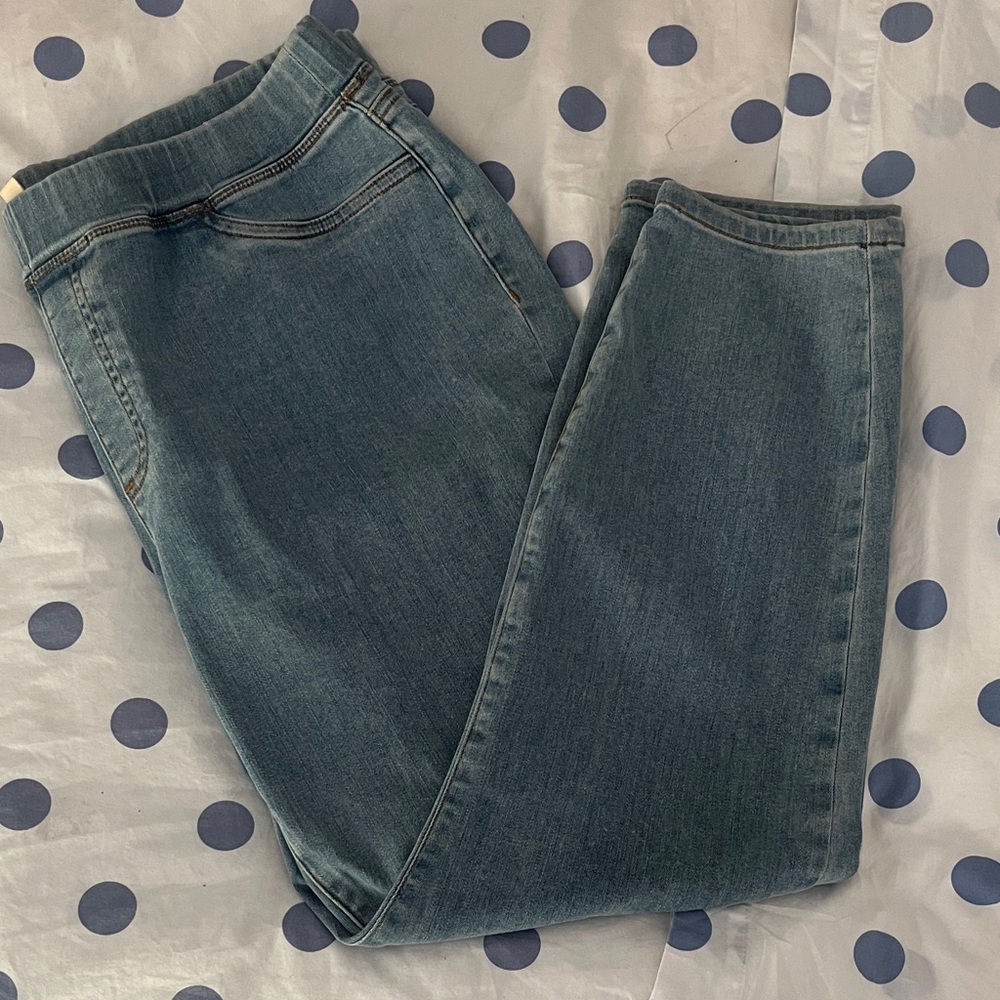 Eileen Fisher straight leg, flat front blue jeans